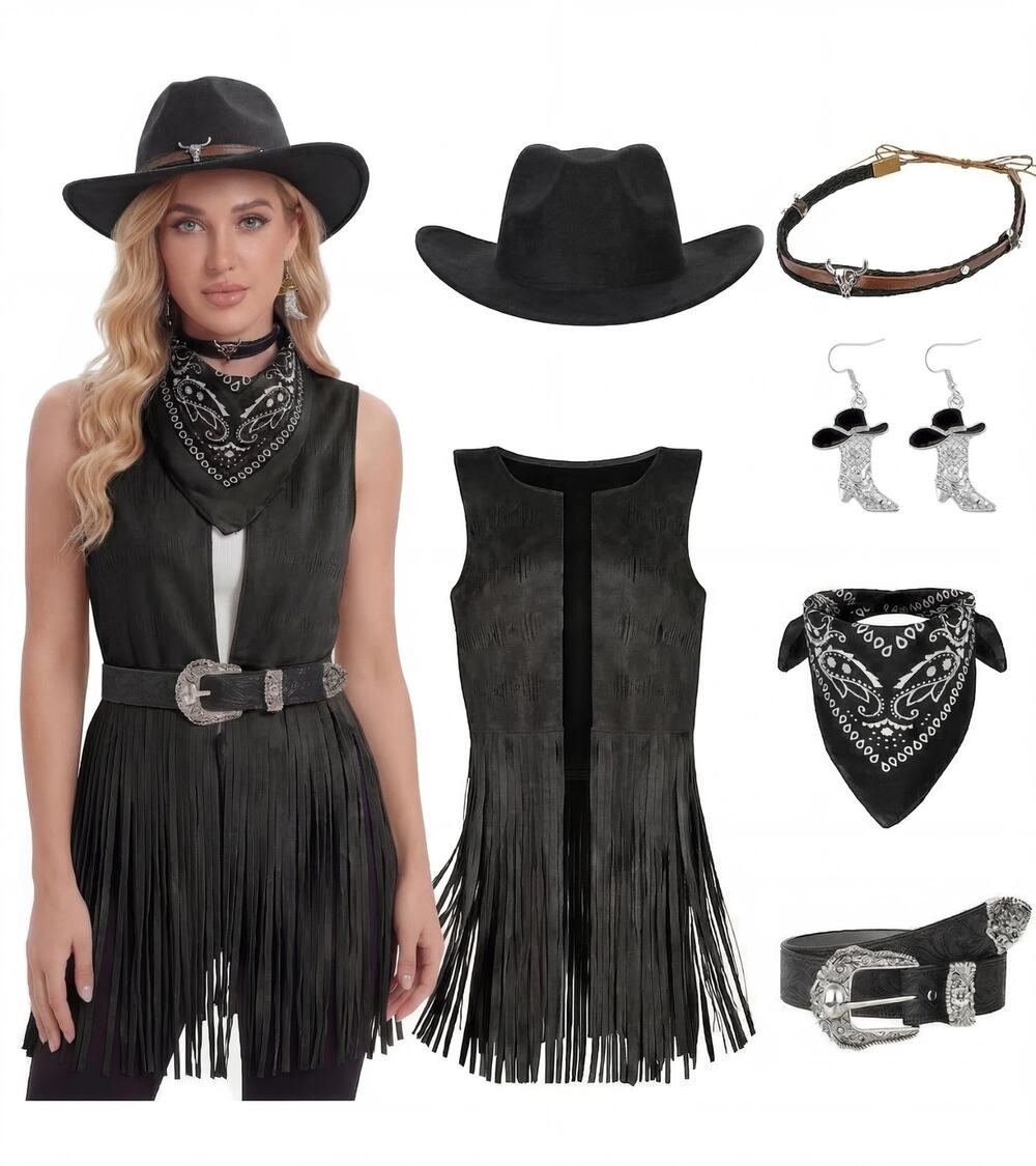 6 Pc Women Cowgirl Costume Set Black Fringe Tassel Vest Hat Bandana Belt XXL